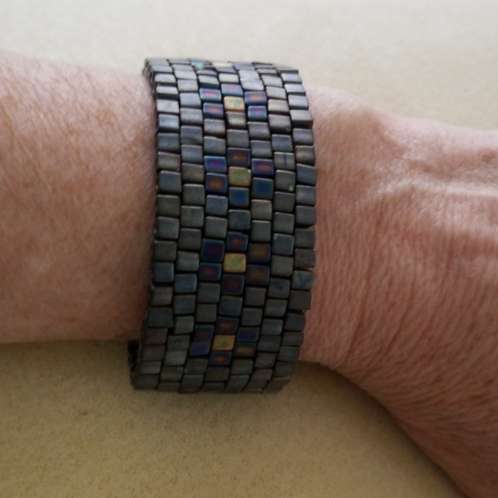 Handmade Grey Blue Peyote Stitch Bracelet Cuff